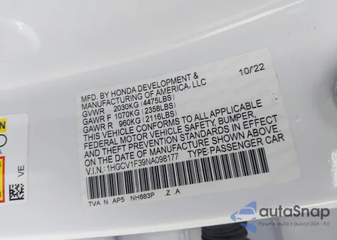 2022 Honda Accord Sport from USA, damaged, VIN 1HGCV1F39NA098177